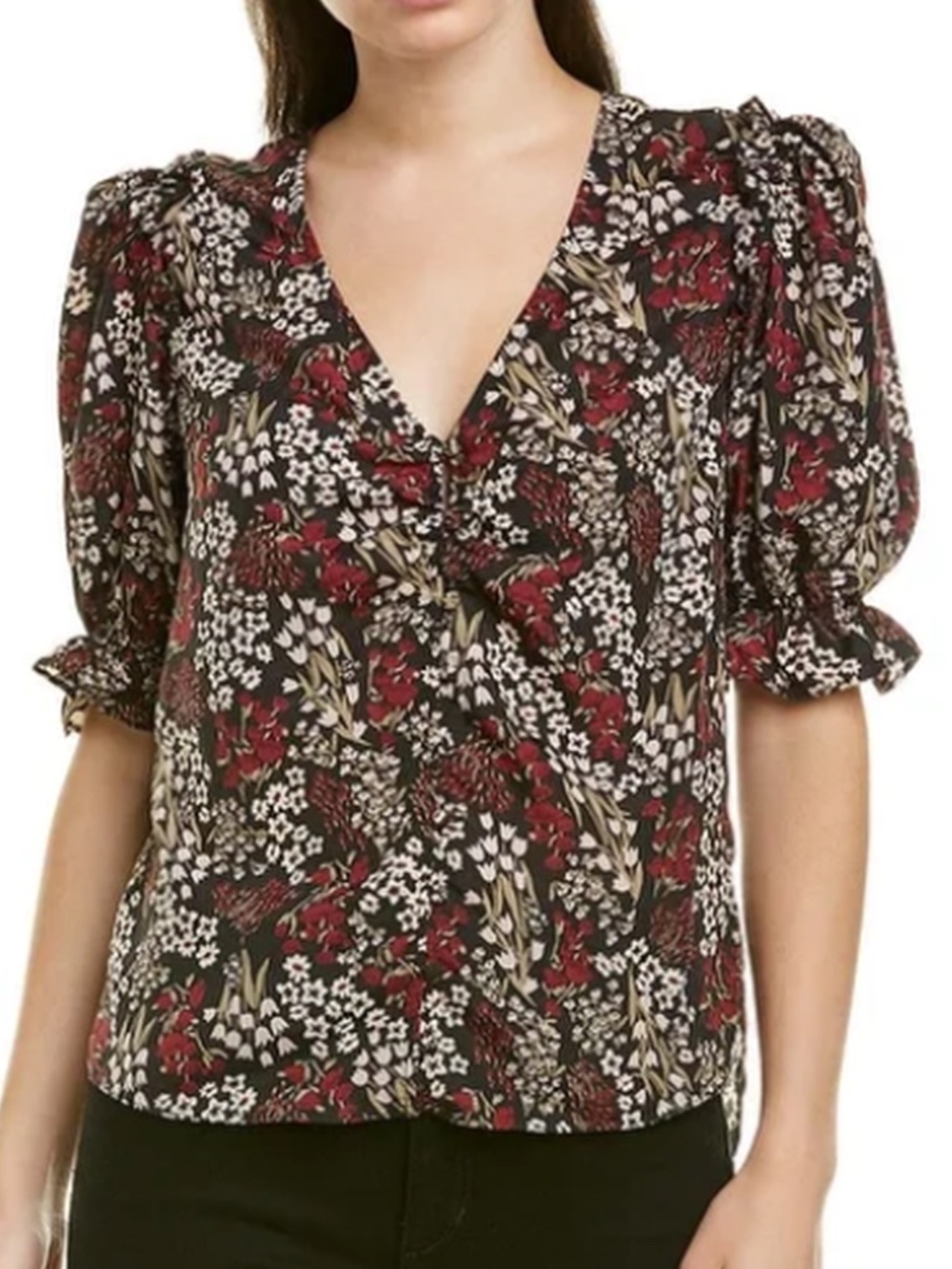 Joie Floral Puff Sleeve V Neck Blouse Burgundy Romantic Top XS